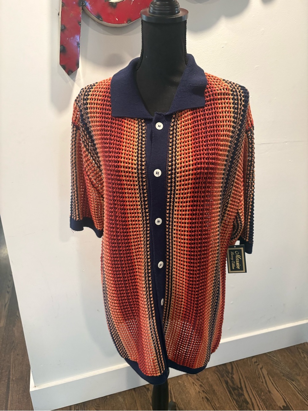 Massive Luxury Edition Men's Open-Knit Button Polo Shirt - Orange & Navy